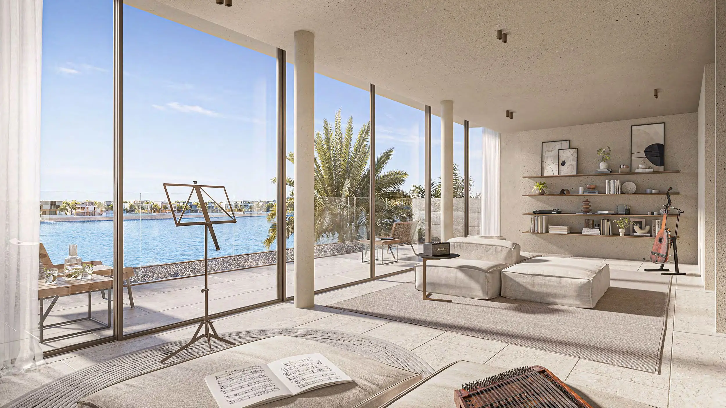 Upper-floor lounge and music room with lagoon views