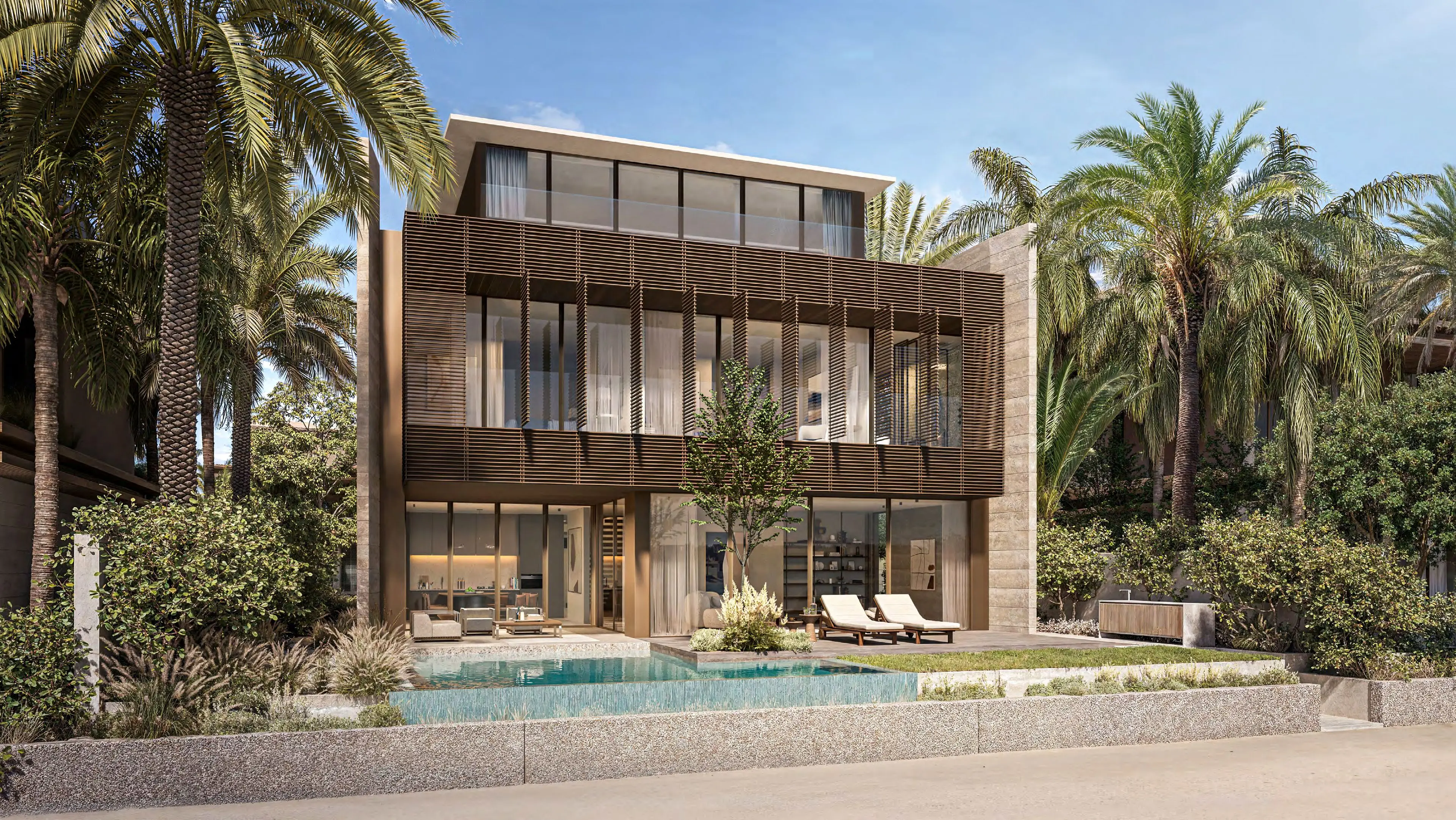 Coral Collection villa exterior with timber screening, palms and private pool