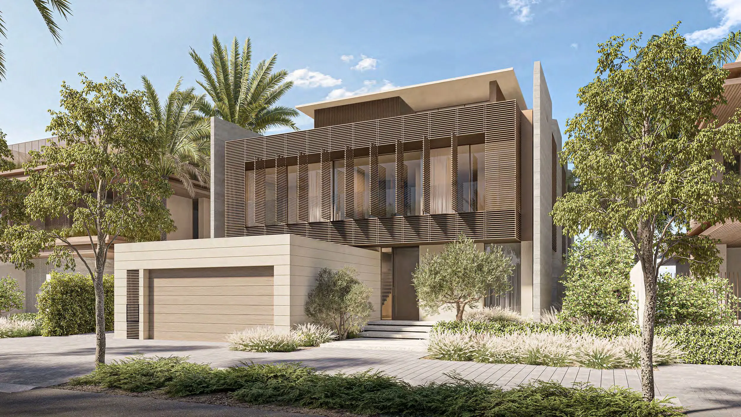 Arrival elevation of a Palm Jebel Ali villa with covered parking and olive trees